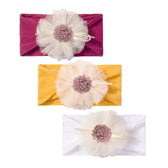 Baby Girls Sunflower Headbands, 3 Pack Baby Hairband Hair Bows Lace and Stretchy Elastic Accessory for Newborn Infants Toddlers (Burgundy+Yellow+White, One Size(Stretchy))