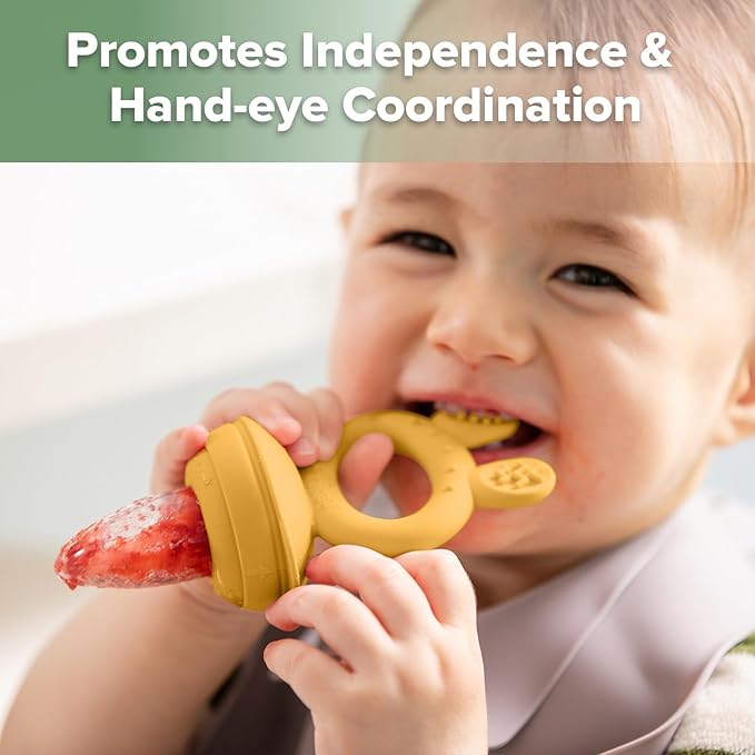 Haakaa Baby Fruit Food Feeder & Mini Freezer Nibble Tray Combo, Breastmilk Popsicle Molds for Baby Cooling Relief, BPA Free Silicone Feeder for Safe Infant Self Feeding, 4 Month+ (Mustard)