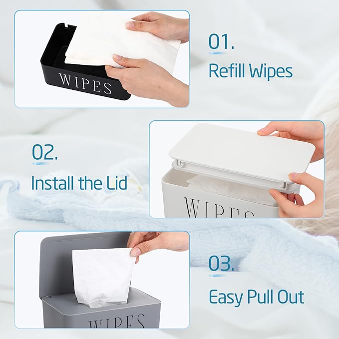3 Pack Baby Wipes Dispenser Holder Wipe Container for Bathroom with Lid Toilet Tissue Paper Storage Refillable Box for Home Office Cars(Small,Black, White, Gray)