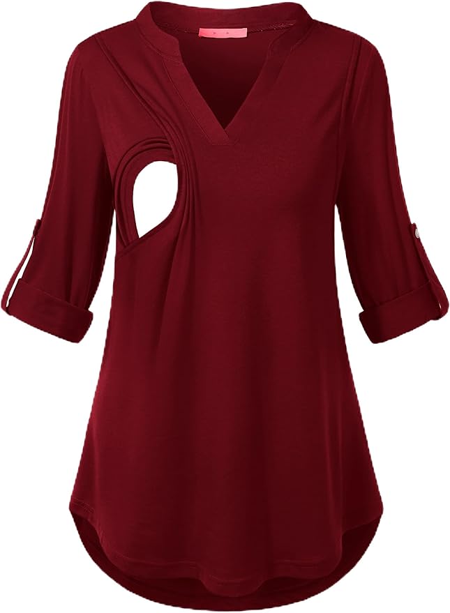 Joymom Maternity Rolled Long Sleeve Nursing Tops Tunic Blouses Breastfeeding
