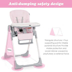 INFANS High Chair for Babies & Toddlers, Foldable Highchair with Multiple Adjustable Backrest, Footrest and Seat Height, Removable Tray, Detachable PU Leather Cushion, Built-in Rear Wheels (Pink)