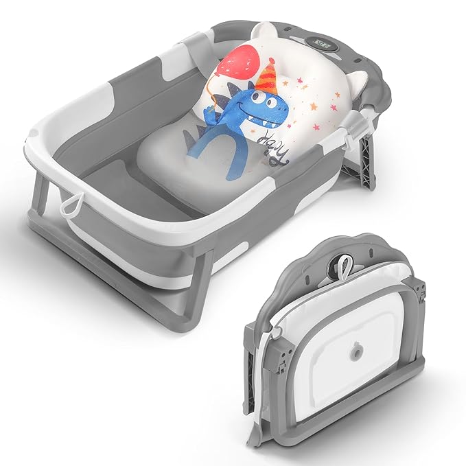 Baby Bathtub,Collapsible Baby Bath Tub with Thermometer & Soft Floating Cushion,Portable Travel Baby Bathtubs for Newborns to Toddlers 0-36 Months(Bear Gray)