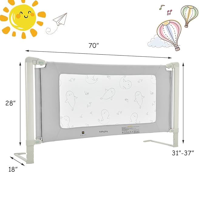 BABY JOY Bed Rails for Toddlers, 70'' Extra Long, Height Adjustable Kids Rail Guard w/Double Safety Lock for Convertible Crib, Folding Baby Bedrail for Twin Double Full Size Queen King Mattress, Gray
