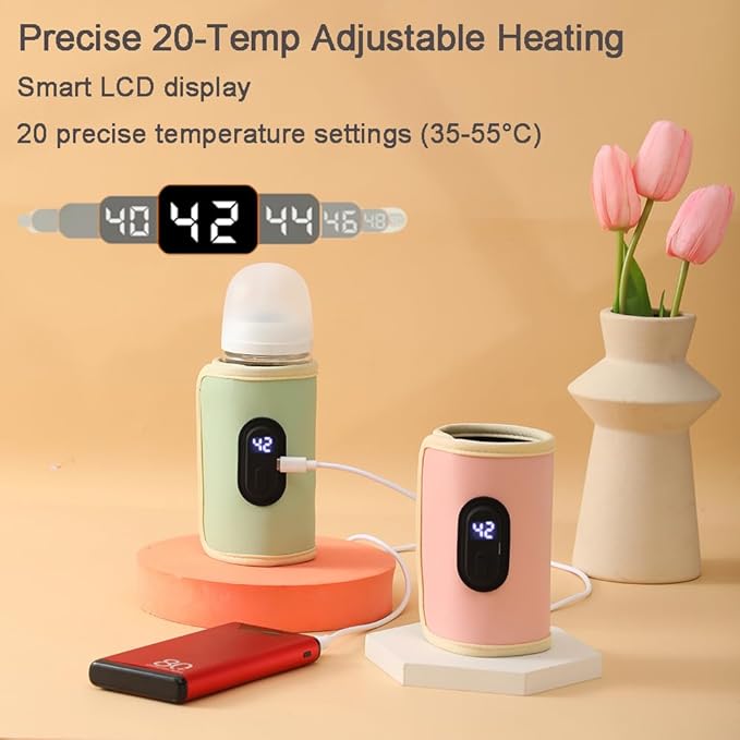 Baby Bottle Warmer,Keep Milk Warm Only (Does Not Heat) 20-Temperature Digital USB Portable Warming Sleeve,Portable Thermo Cover with Digital Display & 20 Temp Settings (Green)