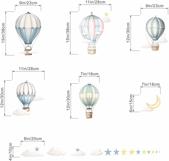 Balloon Wall Decals for Kids Room: Peel and Stick Hot Air Balloon Stars Cloud Wall Stickers - Baby Nursery Boys Room Girls Bedroom - Children Supplies Ages 1-12 Years Wall Decor Art