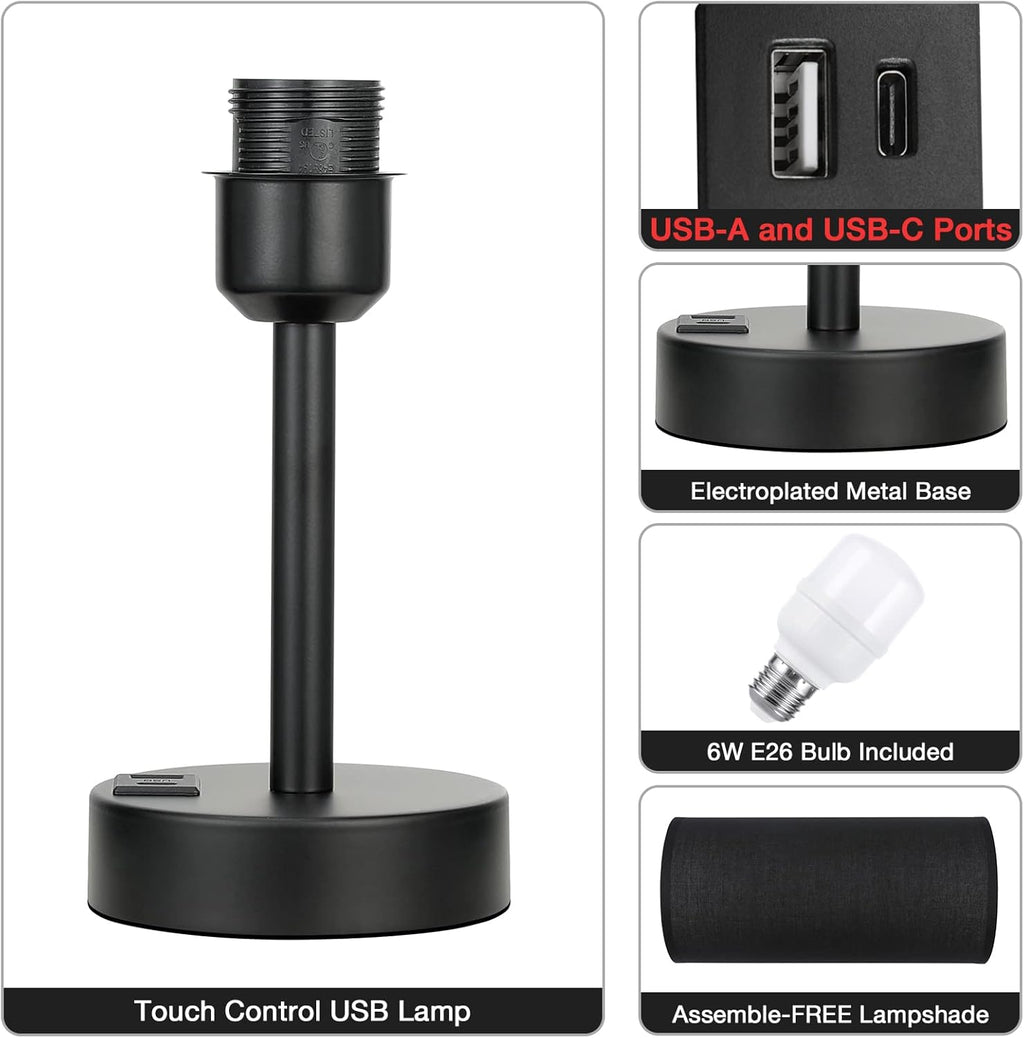 Black Touch Nightstand Lamps for Girl - Small Bedside Lamp with USB-C and USB Charging Ports, 3 Way Dimmable Control Table Lamp for Living Room Office, Dorm, Reading with Fabric Shade Black Base