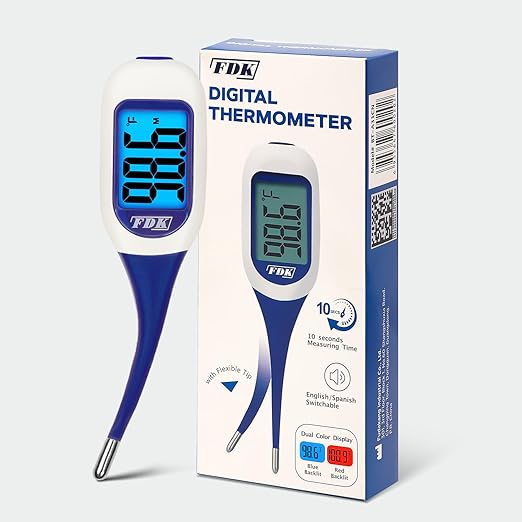 Large LCD Screen Digital Thermometer for Fever, 10 Seconds Fast & Accurate Readings, Large LCD Dual Color Backlight Flexible Tip Ideal for Adults Kids and Babies