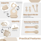 Baby Led Weaning Supplies, 17 Piece BPA-Free Silicone Feeding Set, Eating Essentials Baby Utensils with Suction Plate and Bowl, Pocket Bib, Sippy Cup with Lid, for 6+ Months, Beige