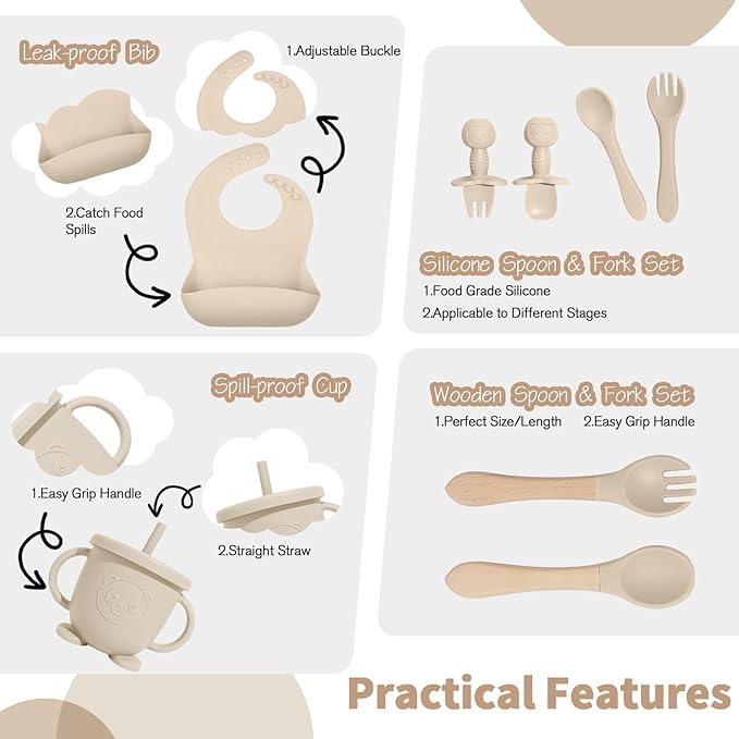 Baby Led Weaning Supplies, 17 Piece BPA-Free Silicone Feeding Set, Eating Essentials Baby Utensils with Suction Plate and Bowl, Pocket Bib, Sippy Cup with Lid, for 6+ Months, Beige