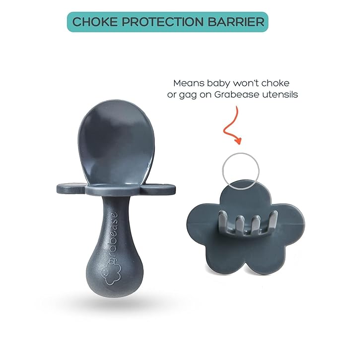 Grabease Baby Feeding Utensils Set - Ergonomic Grip for Self-Feeding - Anti-Choke Collar & Toddler Cutlery Safety - Dishwasher Safe & Travel-Ready Baby Feeding Set - Gray, Pack of 1