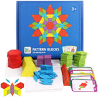 JCREN Wooden Pattern Blocks Montessori Toys Shape Puzzles Kindergarten Classic Educational Tangram Geometric Brain Teaser Toys Best STEM for Kids Ages 4-8 with 24 Pcs Design Cards