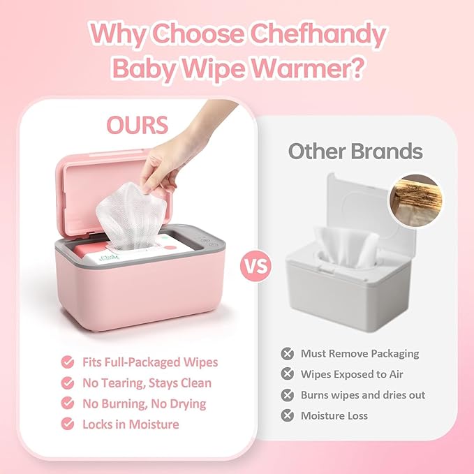 Chefhandy Baby Wipe Warmer, 3-Level Temperature Control, Quiet & Even Heating, Large Capacity for Easy Diaper Changes, Pink