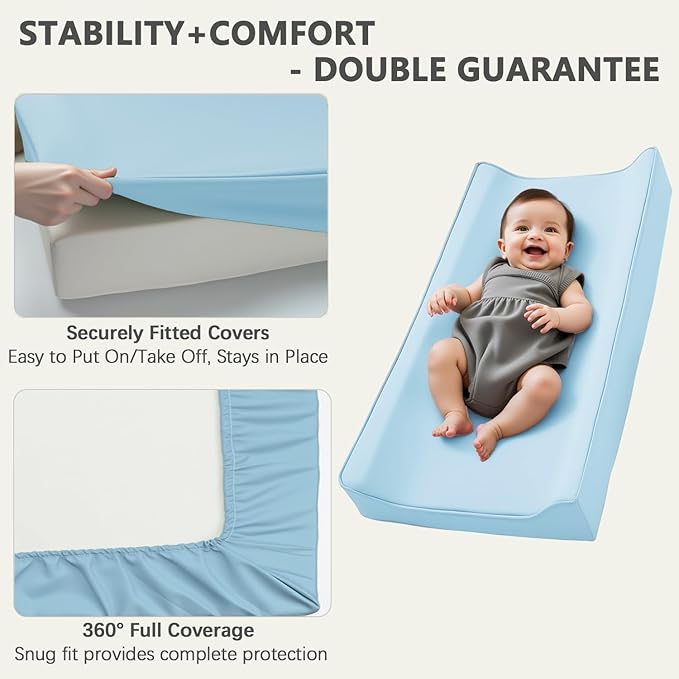 Vegan Leather Changing Pad Cover - 31"X 16" - Waterproof Wipeable, Extra Thick & Portable & Non-Slip Diaper Mat - Fits Standard Changing Tables for Baby Boy Girl (Blue)