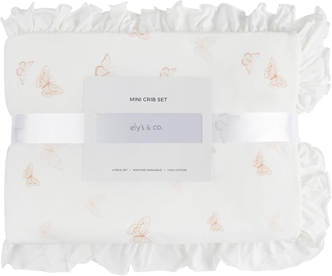 Ely's & Co. Mini Crib Bedding Set for Girls, 4 Piece Set - 1 Fitted Mini Crib Sheet, Quilted Comforter and Decorative Pillow with Insert, Pink Butterfly+Stripe Collection