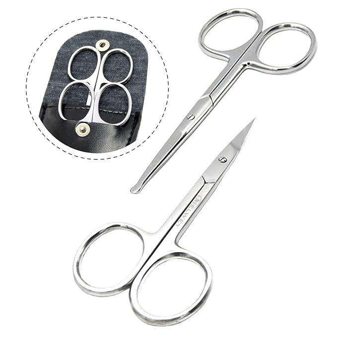 Pack of 2 Curved & Rounded Blunt Tip TSA Stainless Steel Small Scissors for Eyebrows & Eyelashes for Beard Trimming & Moustache, Baby Scissors for Nails, Nose & Facial Hair Scissor.
