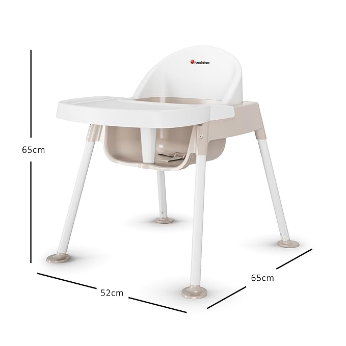 Foundations Secure Sitter 13" Feeding Chair, Stable “No Tip” Feet, 3-Point Adjustable Harness, Removable Tray, Easy to Clean, Smooth Plastic (White/Tan)