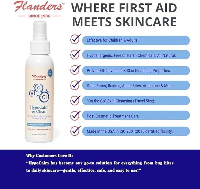 Flanders HypoCalm Hypochlorous Spray – Gentle Skin Cleansing Mist & Travel-Size Topical Solution (3.4 Fl. Oz.)