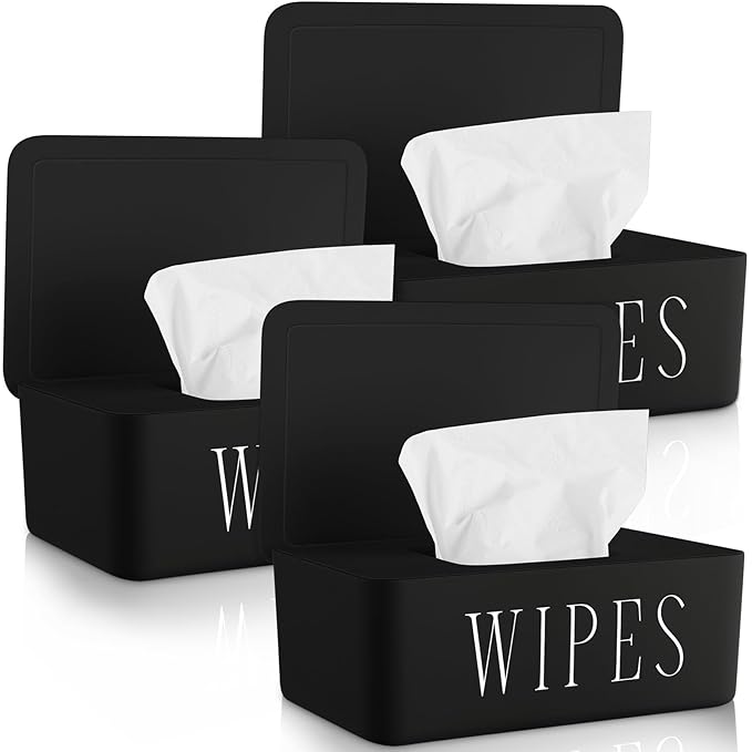 3 Pack Baby Wipes Dispenser Holder Wipe Container for Bathroom with Lid Toilet Tissue Paper Storage Refillable Box for Home Office Cars(Small,Black)