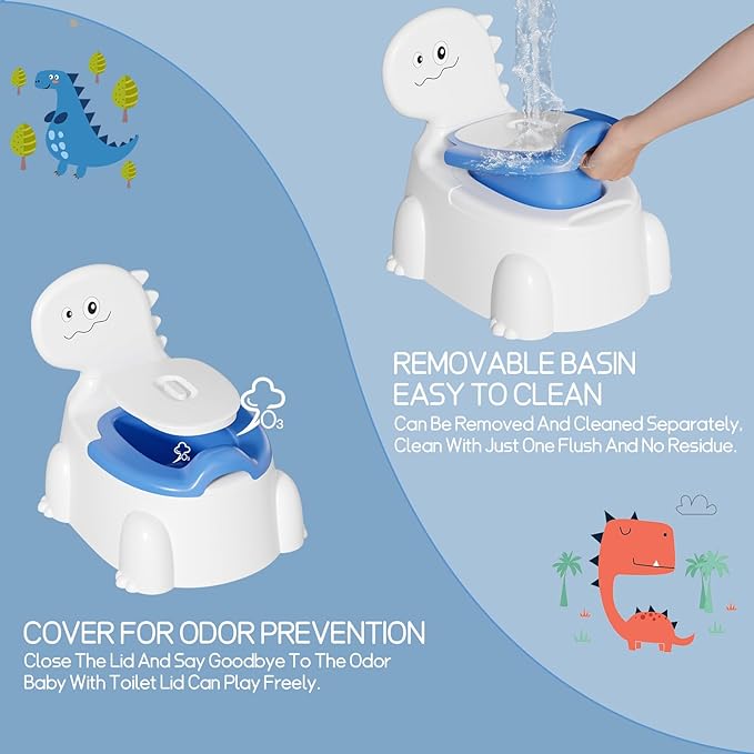 Potty Training Toddler Toilet Seat, Toilet Potties Training for Children Infant Baby Dinosaur Potty Chair with Splash Guard, Lid, Comfortable Backrest Portable Travel Potty (Blue/White)