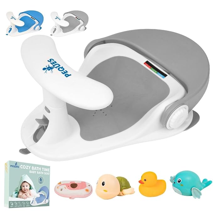 Baby Bath Seat for Babies 6 Months & Up Sitting Up | Non-Slip Bath Seat with Safety Suction Cups & Temperature Alert, Baby Bath Seat for Tub, Shower & Bathtub (Grey)