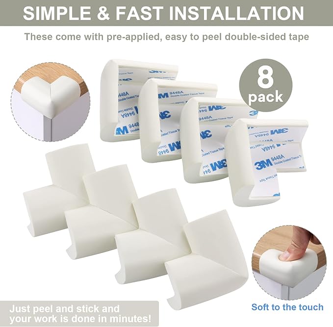 8 Pack Soft Sponge Table Corners, Corner Protector Baby, Baby Proofing Corner Guards, Pre-Taped Furniture Corner Protectors, Child Safety Furniture Bumper, Corner Protectors for furniturey, Black