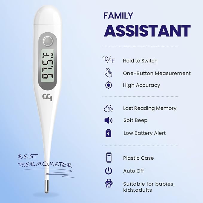 Femometer Thermometer for Adults and Kids, Digital Thermometer with Fever Alert, Memory Recall, C/F Switchable, for Oral, Rectal or Under Arm Use, Grey