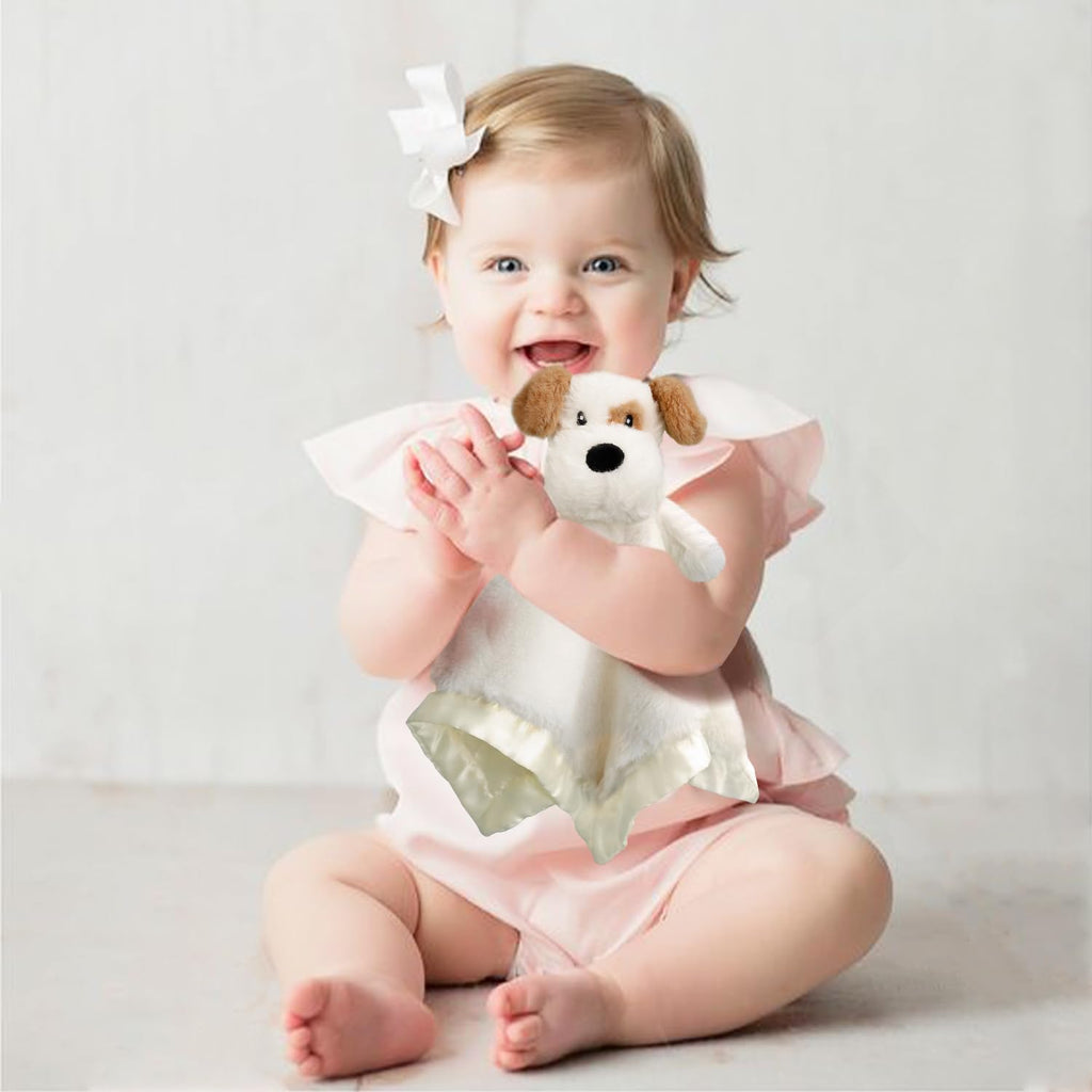 Dog Security Blanket Soft Lovey Baby Stuffed Animal with Satin Backing for Toddler Infant Newborn Boys and Girls, Lovely Unisex Puppy Snuggle Toy, Brown 13.5 Inch