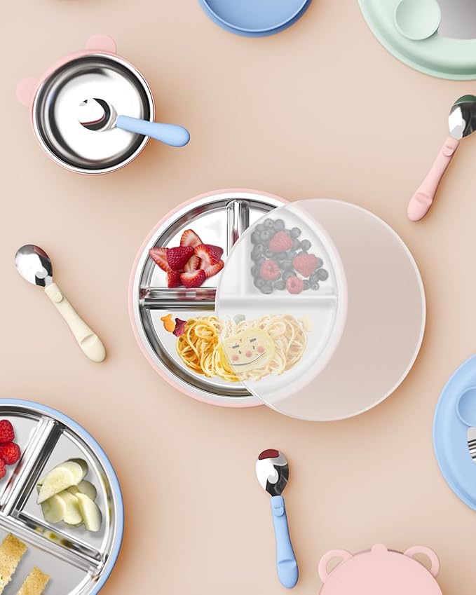 Stainless Steel Toddler Suction Plate with Lid, Deepened 9" Divided Plates with Removable Silicone Sleeves for Kids, Non Toxic Unbreakable Snack Dishes Set of 4, Sage Blue Beige Lilac