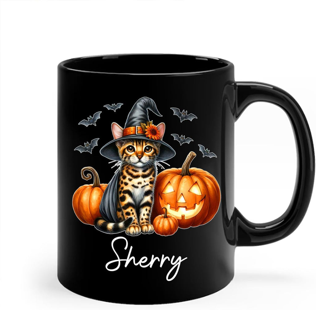 Personalized Name Bengal Wearing Witch Hat Coffee Mug, Custom Bengal Halloween Ceramic Cup, Spooky Cat Pumpkins Mug 11oz 15oz, Pet Halloween Black Cup, Gift for Cat Dad Mom Family Friend