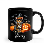 Personalized Name Bengal Wearing Witch Hat Coffee Mug, Custom Bengal Halloween Ceramic Cup, Spooky Cat Pumpkins Mug 11oz 15oz, Pet Halloween Black Cup, Gift for Cat Dad Mom Family Friend