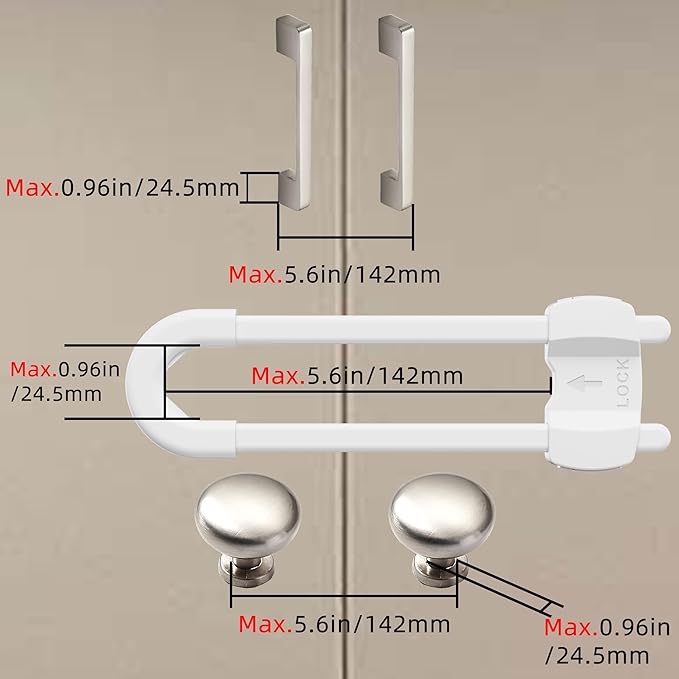 (10 pack white) 4 button Cabinet Locks, U-Shaped Proofing Drawers Safety Child Locks Adjustable, for Wardrobe,Kitchen,Bathroom,Drawer,Fridge,Cupboard Doors Knobs & Handles