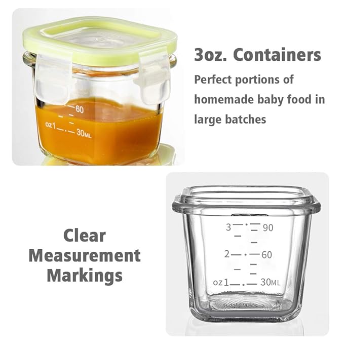 Matyz 4-Pack Glass Baby Food Containers with Airtight Lids and Stackable Tray (Mint Green, 3 OZ Each) - Glass Food Containers Freezer Safe for Baby Toddler - Stackable Baby Food Containers Glass