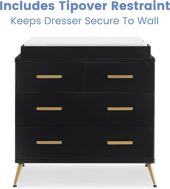 Delta Children Sloane 4 Drawer Dresser with Changing Top and Interlocking Drawers, Black/Bronze