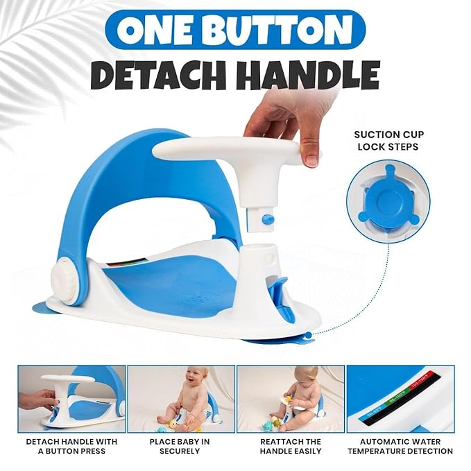 Baby Bath Seat for Babies 6 Months & Up Sitting Up | Non-Slip Bath Seat with Safety Suction Cups & Temperature Alert, Baby Bath Seat for Tub, Shower & Bathtub (Blue)