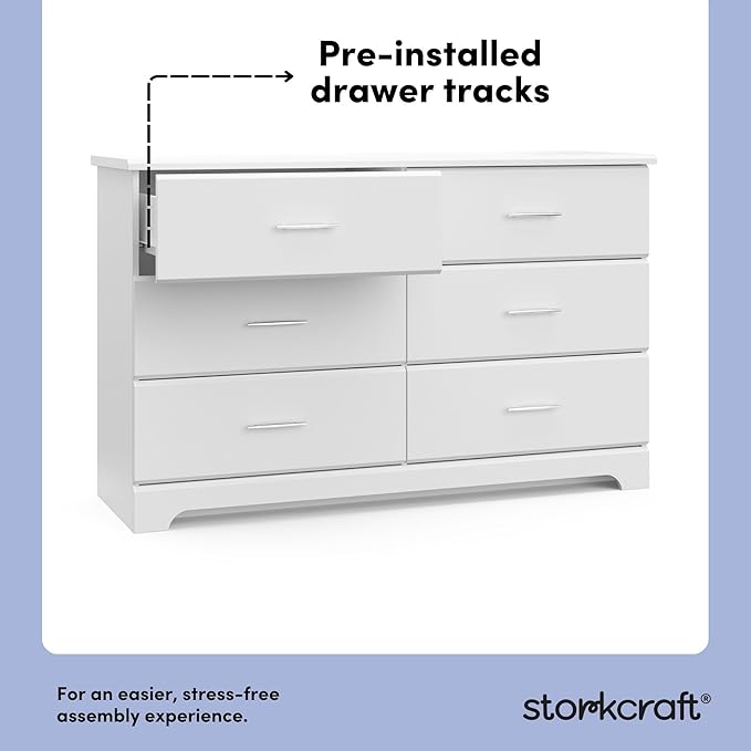 Storkcraft Brookside 6-Drawer Dresser (White) – GREENGUARD Gold Certified, White Dresser for Bedroom, Kids & Nursery Storage Chest, Safety Interlocking Drawers, Pre-Installed Tracks, Kids Chest