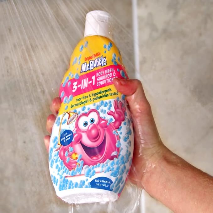 Mr. Bubble Kids Original 3in1 Shampoo, Conditioner, Body Wash – Hypoallergenic, Tear Free Bubble Gum Scented, Creates Big Bubbles In The Tub And Shower (Pack Of 2 Bottles, 16 fl oz Each)