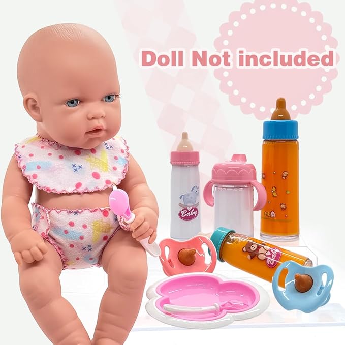 Baby Doll Accessories Magic Bottle Set - 11 Pieces Doll Feeding Pretend Playset with Disappearing Milk & Juice Bottles, Pacifiers Bowl Diaper and Bib Doll Bottle Toys set Gift for Kids Girls Ages 3+