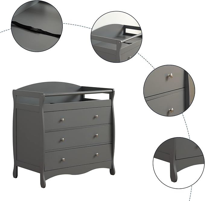 3-Drawer Changing Table, Safety Rails & Strap, Infant Diaper Changing Station with Drawers, Baby Diaper Changing Table Dresser for Nursery, Easy Assembly (Gray)