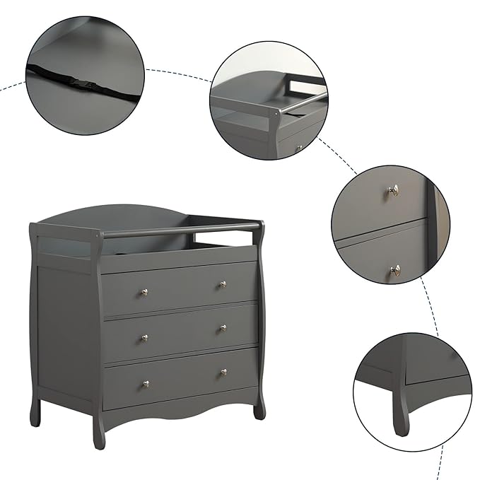 Karl home Changing Table Dresser Baby Diaper Changing Station Infant Nursing Table with 3 Drawers, Safety Rail & Strap for Bedroom, Nursery, Gray