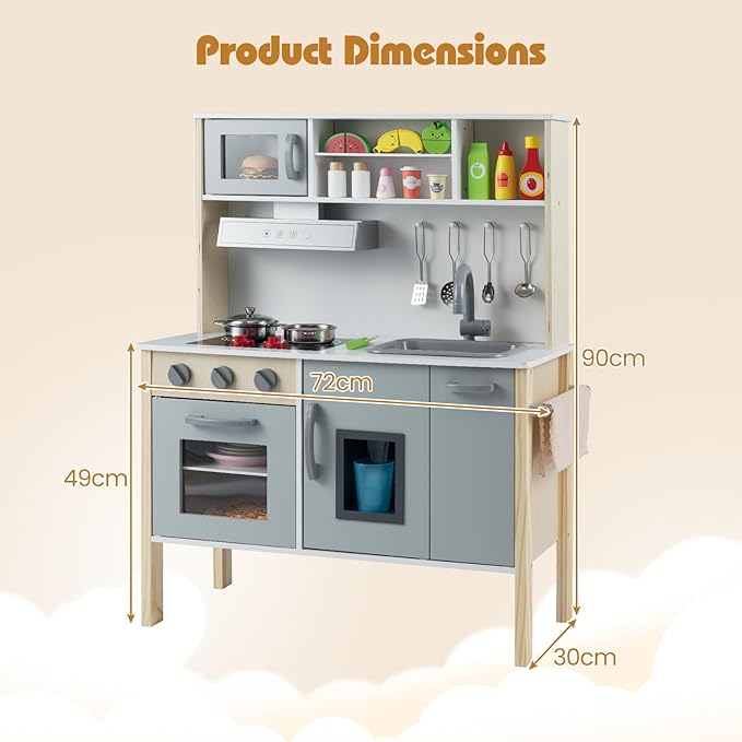 HONEY JOY Kids Kitchen Playset, Wooden Play Kitchen for Toddlers, Microwave, Range Hood, Ice Maker, 18 Cooking Accessories, Little Chef Pretend Play Toy Kitchen Set, Gift for Boys Girls, Gray