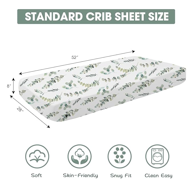 Bimocosy Crib Sheets for Boys Girls, Fitted Crib Sheet 4 Pack for Standard Crib and Toddler Mattresses, Super Soft Breathable Microfiber Baby Sheet 28x52x8in, Leaf/Bear/Gray/Green