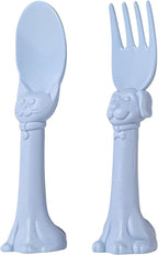 Made in USA Spoon la la Toddler Utensils Set - 2 Pack (1 Spoon & 1 Fork for Kids) - Self-Standing 3D Ergonomic Cat & Dog Handles - BPA-free, Dishwasher Safe, Baby Silverware (Blue)