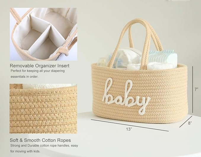 Baby Diaper Caddy Organizer, Nursery Storage Bin Basket for Baby Shower and Baby Wipes- Cotton Rope Portable Diaper Bag for Changing Table, Newborn Essentials Gift-Tan