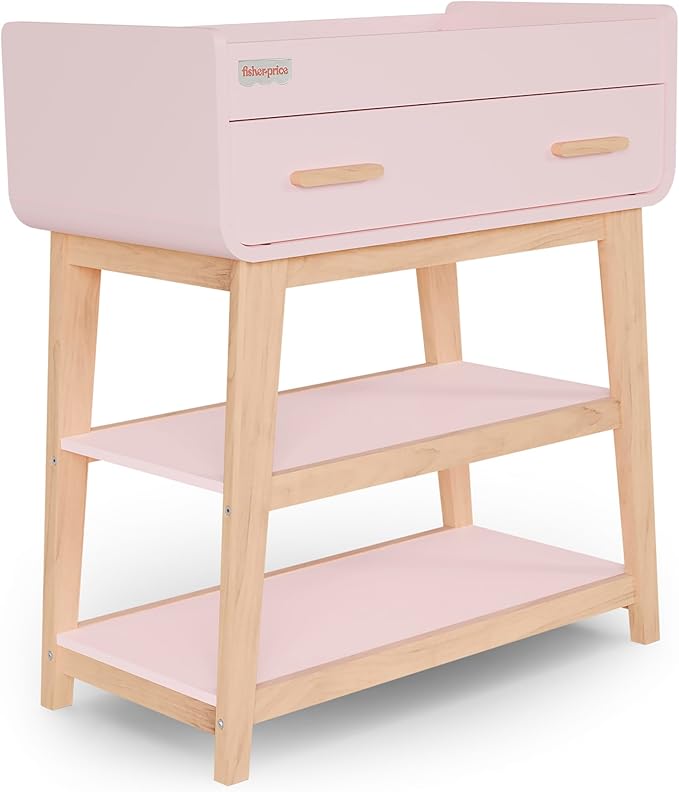 Fisher Price by Dream On Me Baby Changing Table, Blush Pink – Greenguard Gold & JPMA Certified, Wooden Nursery Dresser with Storage Shelves – Compact, Sturdy & Easy-to-Clean Design