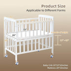 Baby Bassinets Bedside Sleeper - Portable Pine Wood Bedside Bassinet,6 Heights Small Mini Crib with Mattress,Space-Saving Design Baby Crib for Newborns 0-12 Months,White