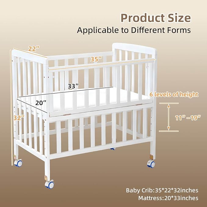 Baby Bassinets Bedside Sleeper - Portable Pine Wood Bedside Bassinet,6 Heights Small Mini Crib with Mattress,Space-Saving Design Baby Crib for Newborns 0-12 Months,White