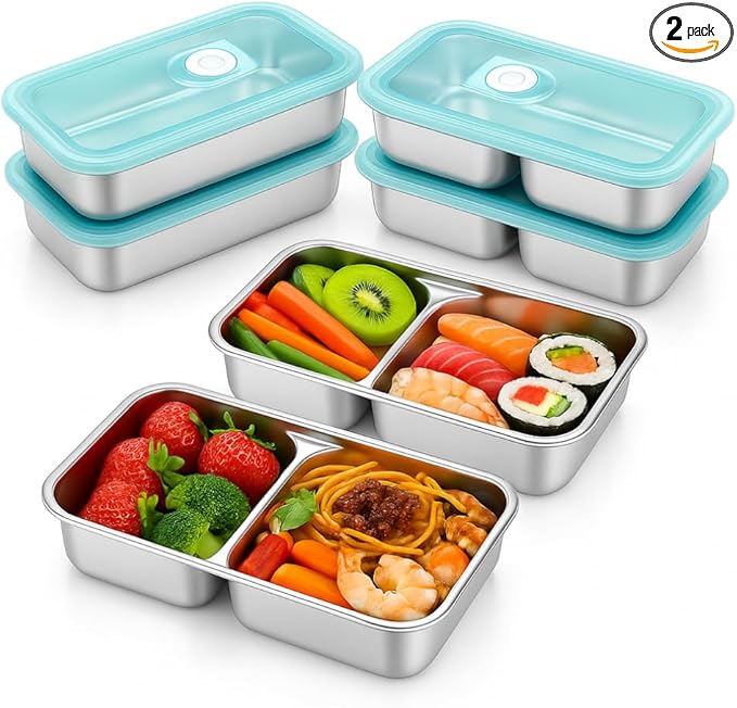 2 Pack Stainless Steel Snack Containers – Leakproof Reusable Bento Boxes with Lids for Food Storage, Travel, Work, Outdoor (Clear Lid/Silver Base, 1+2 Mixed)
