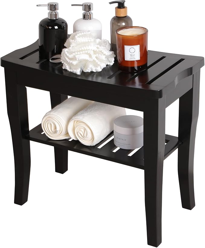 VVW 19 Inch 2-Tier Bamboo Shower Bench - Bathroom Bench Seat with Storage Shelf, Wooden Spa Seat with Non-Slip Feet Bath Stool for Adults Women Elderly, (Black)