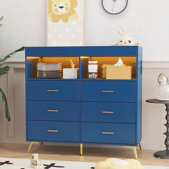 Dresser for Bedroom with LED Lights and Power Outlet, Baby Changing Table Dresser with 6 Drawers, 2 Open Storage Shelves, Baby Diaper Station with Changing Table Top (Blue)