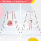 FUNLIO 2 in 1 Swing Set for Toddler & Baby Jumper, Heavy Duty Kids Swing & Bouncer with 4 Sandbags, Foldable Metal Stand for Indoor/Outdoor Play, Easy to Assemble and Store - Pink